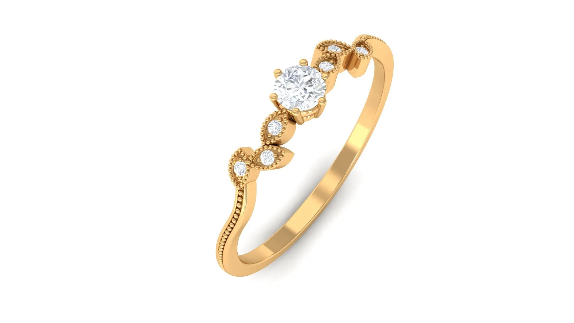 Minimal Lab Grown Diamond Leaf Ring with Beaded Detailing