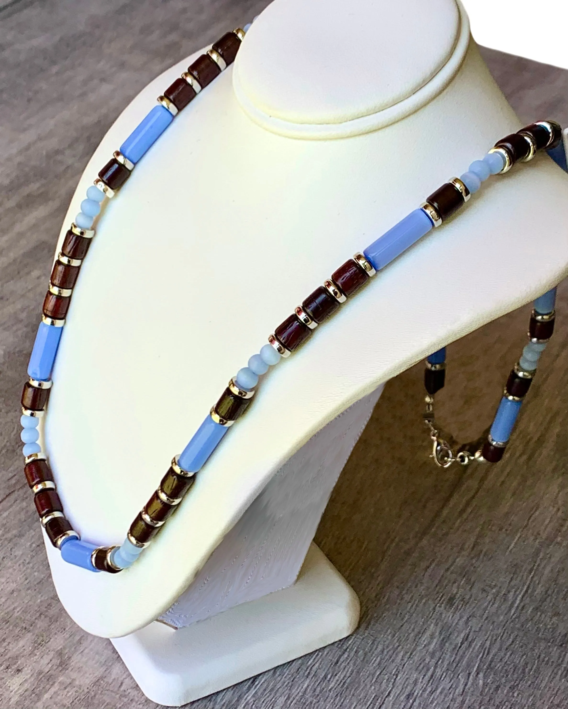 Morgan Handmade Cats Eye, Wood, and Brass 25" Beaded Necklace
