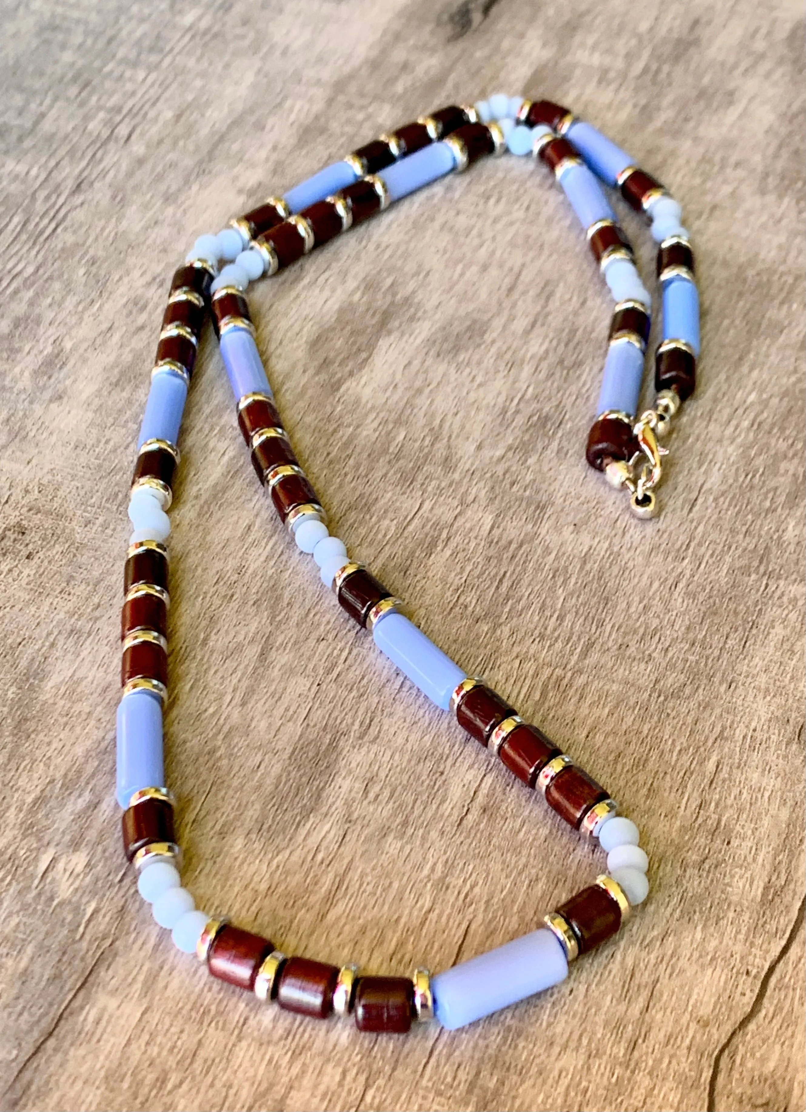 Morgan Handmade Cats Eye, Wood, and Brass 25" Beaded Necklace