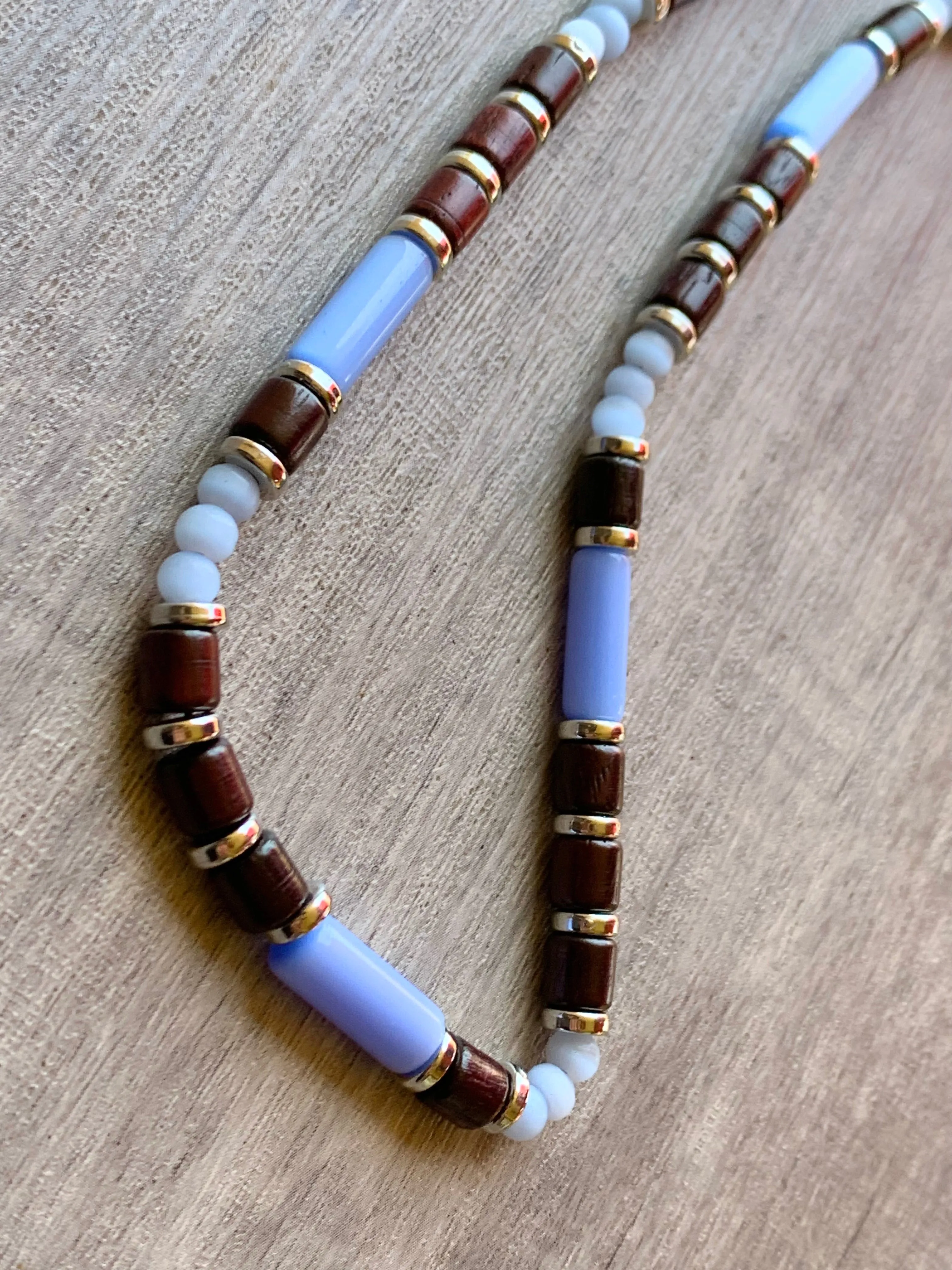 Morgan Handmade Cats Eye, Wood, and Brass 25" Beaded Necklace