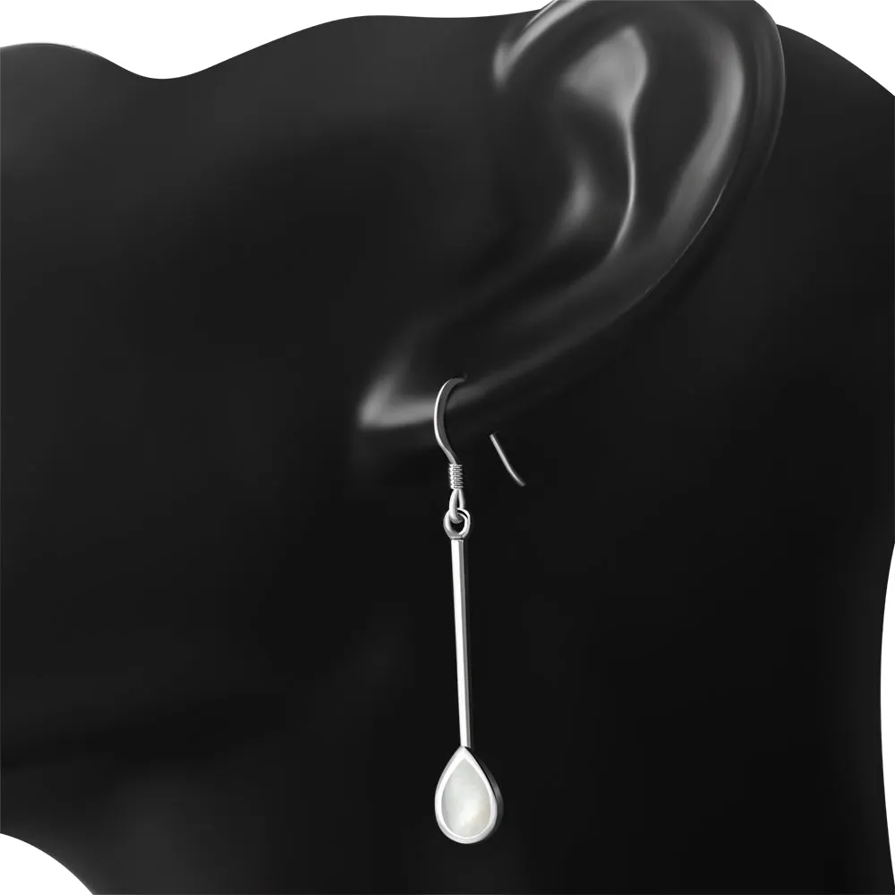 Mother of Pearl Drop Long Silver Earrings
