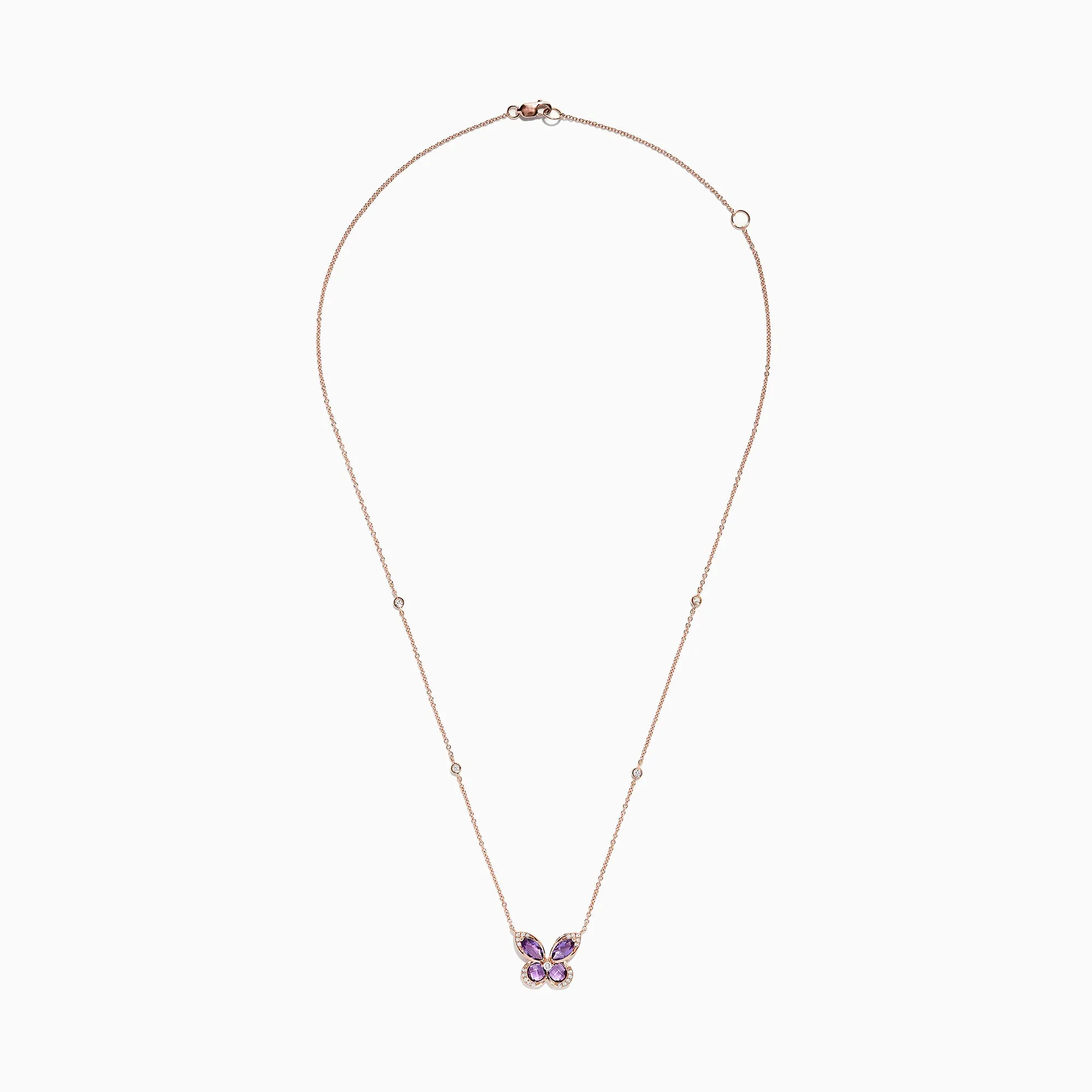 Nature 14K Rose Gold Amethyst and Diamond Butterfly Necklace, 1.27 TCW