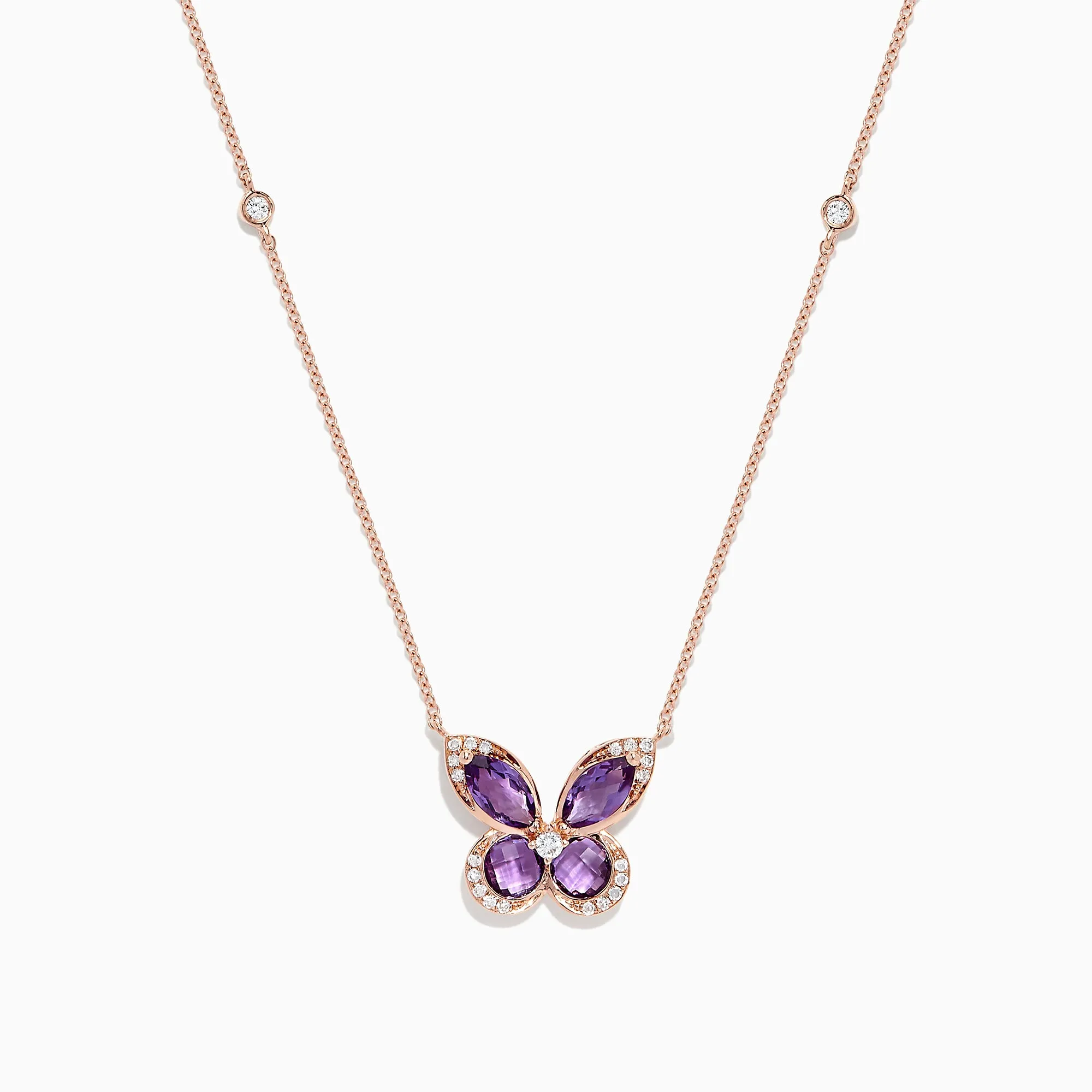Nature 14K Rose Gold Amethyst and Diamond Butterfly Necklace, 1.27 TCW