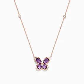 Nature 14K Rose Gold Amethyst and Diamond Butterfly Necklace, 1.27 TCW