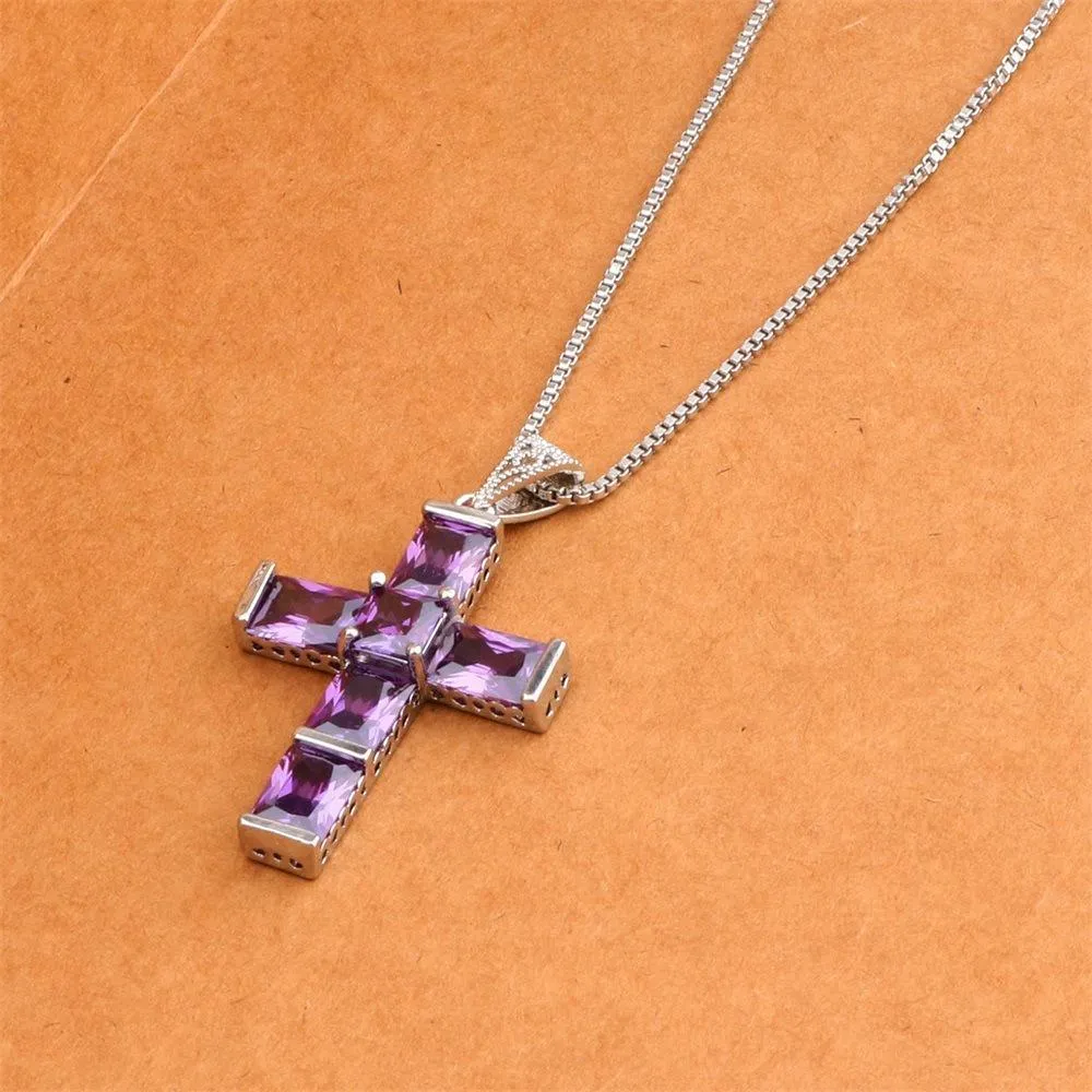New Purple Amethyst Cross Necklace Pendant