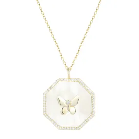 Octagon Butterfly Medallion Necklace - Pearl