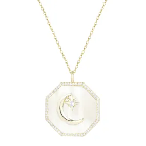 Octagon Moon Medallion Necklace - Pearl