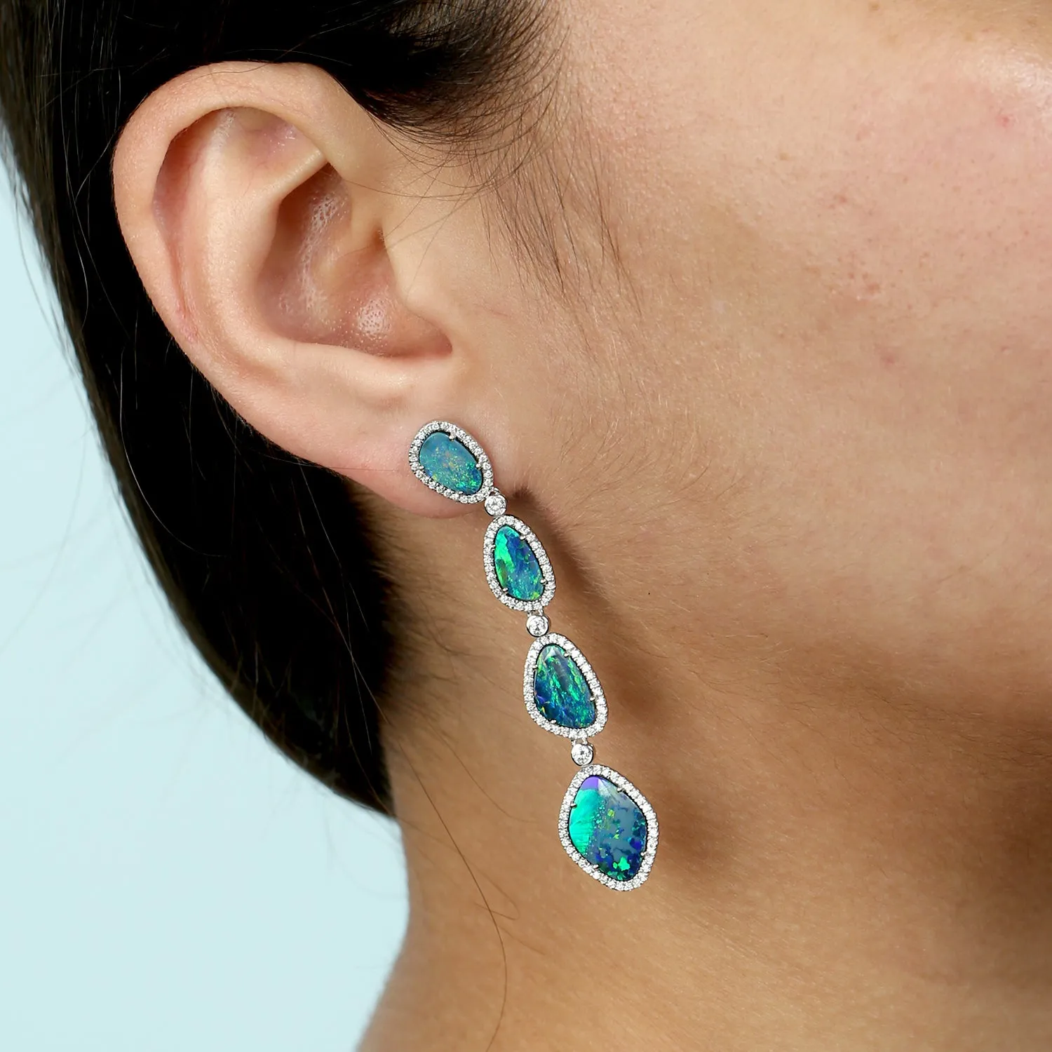 Opal Doublet Pave Diamond Long Tier Drop Danglers Earrings In 18k White Gold