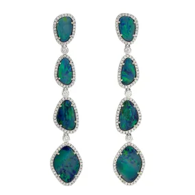 Opal Doublet Pave Diamond Long Tier Drop Danglers Earrings In 18k White Gold