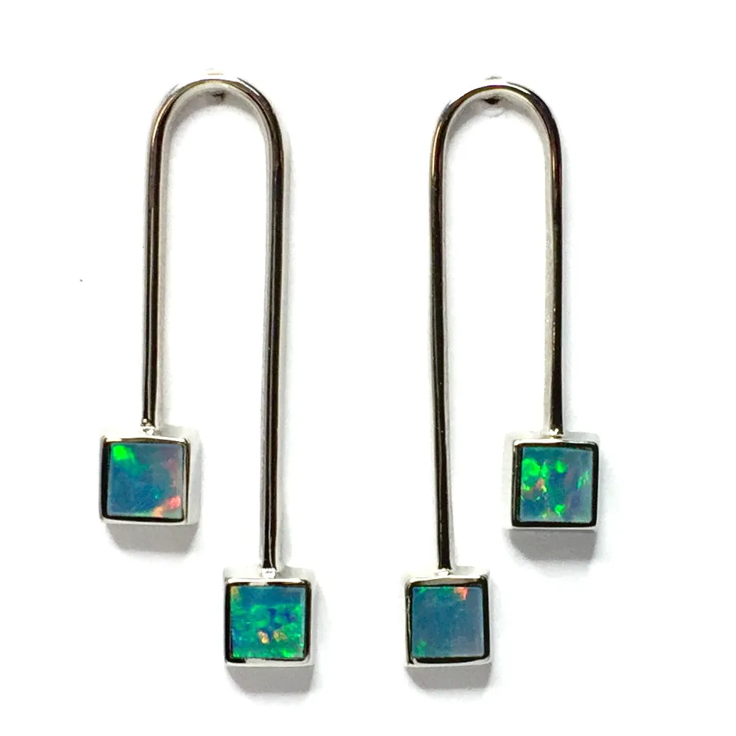 Opal Earrings Curved Bar Double Square Inlaid Ends Design Studs