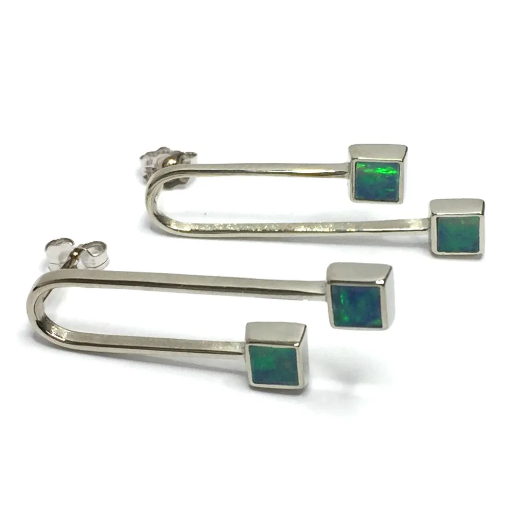 Opal Earrings Curved Bar Double Square Inlaid Ends Design Studs