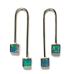 Opal Earrings Curved Bar Double Square Inlaid Ends Design Studs