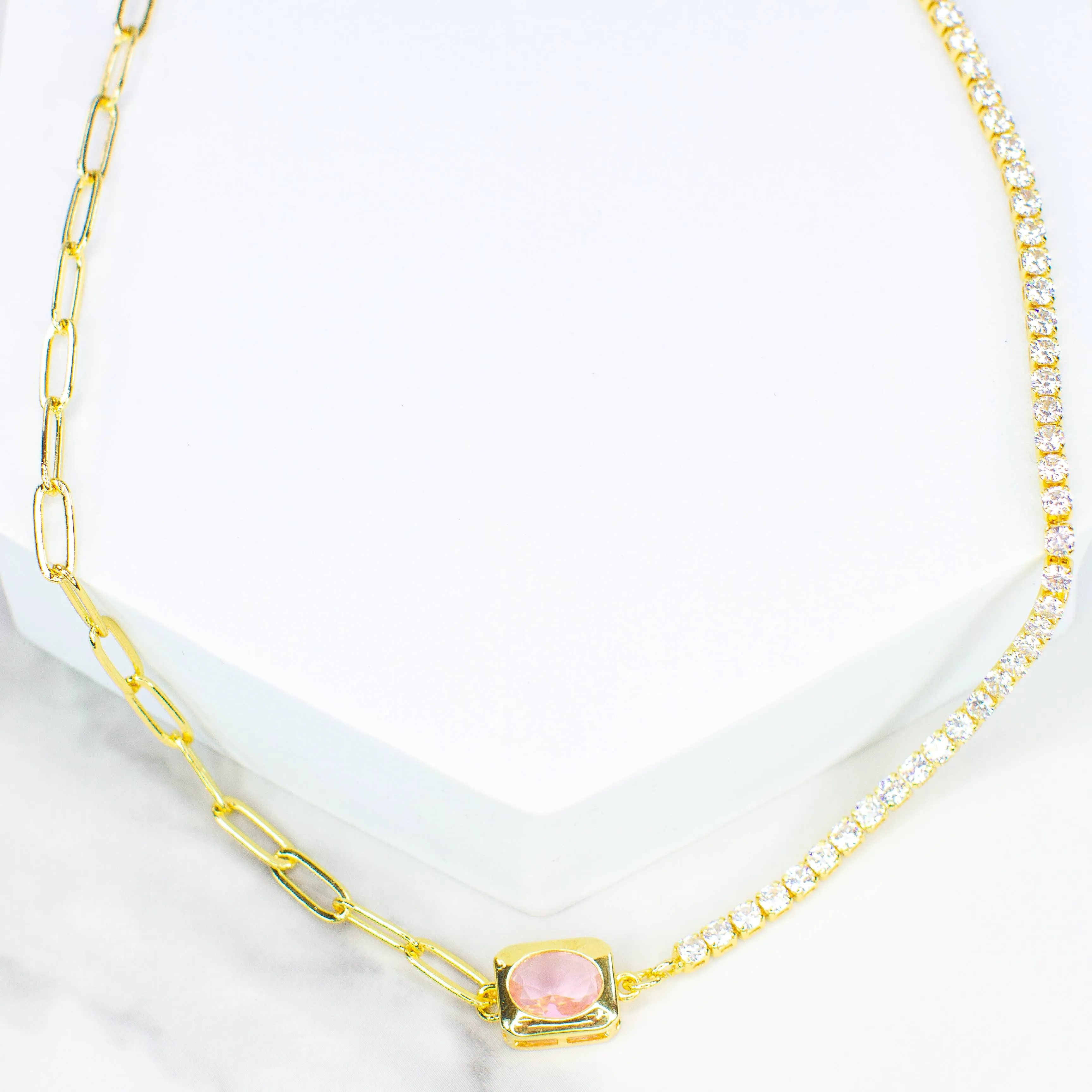 Paper Clip Pink Cz Necklace