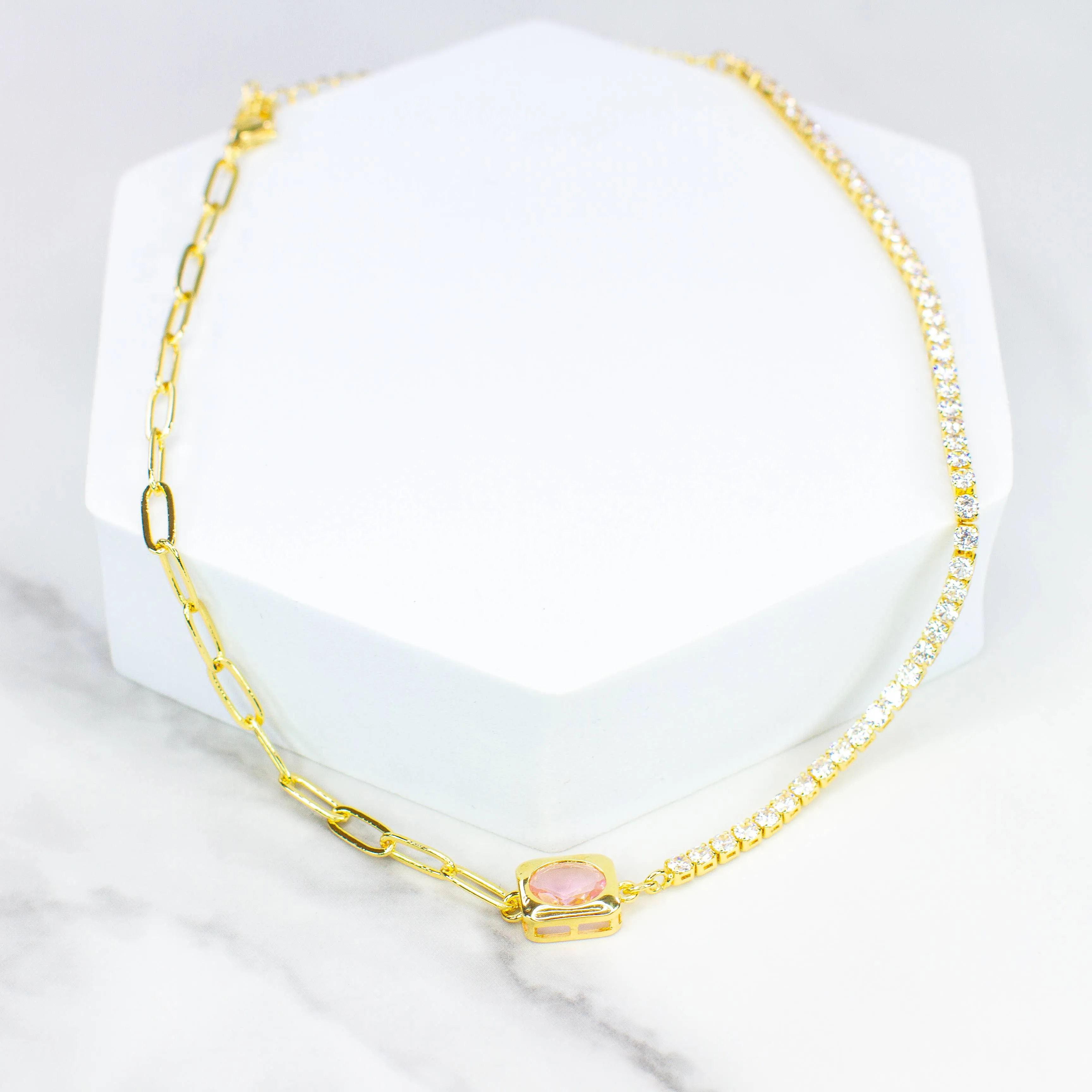 Paper Clip Pink Cz Necklace