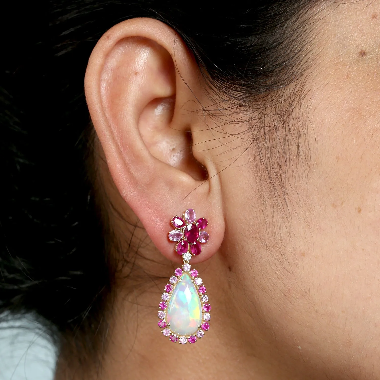 Pear Cut Opal Ethiopian Oval Ruby Pink Sapphire Round Diamond Danglers For Her In Yellow Gold