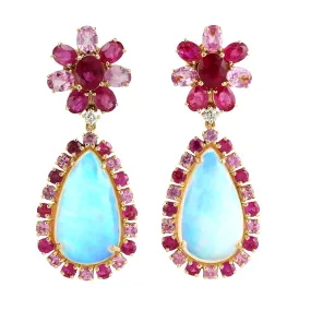 Pear Cut Opal Ethiopian Oval Ruby Pink Sapphire Round Diamond Danglers For Her In Yellow Gold