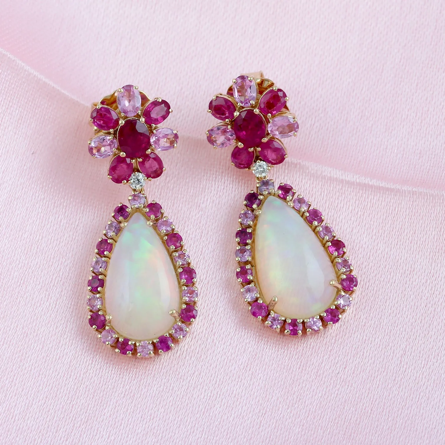 Pear Cut Opal Ethiopian Oval Ruby Pink Sapphire Round Diamond Danglers For Her In Yellow Gold