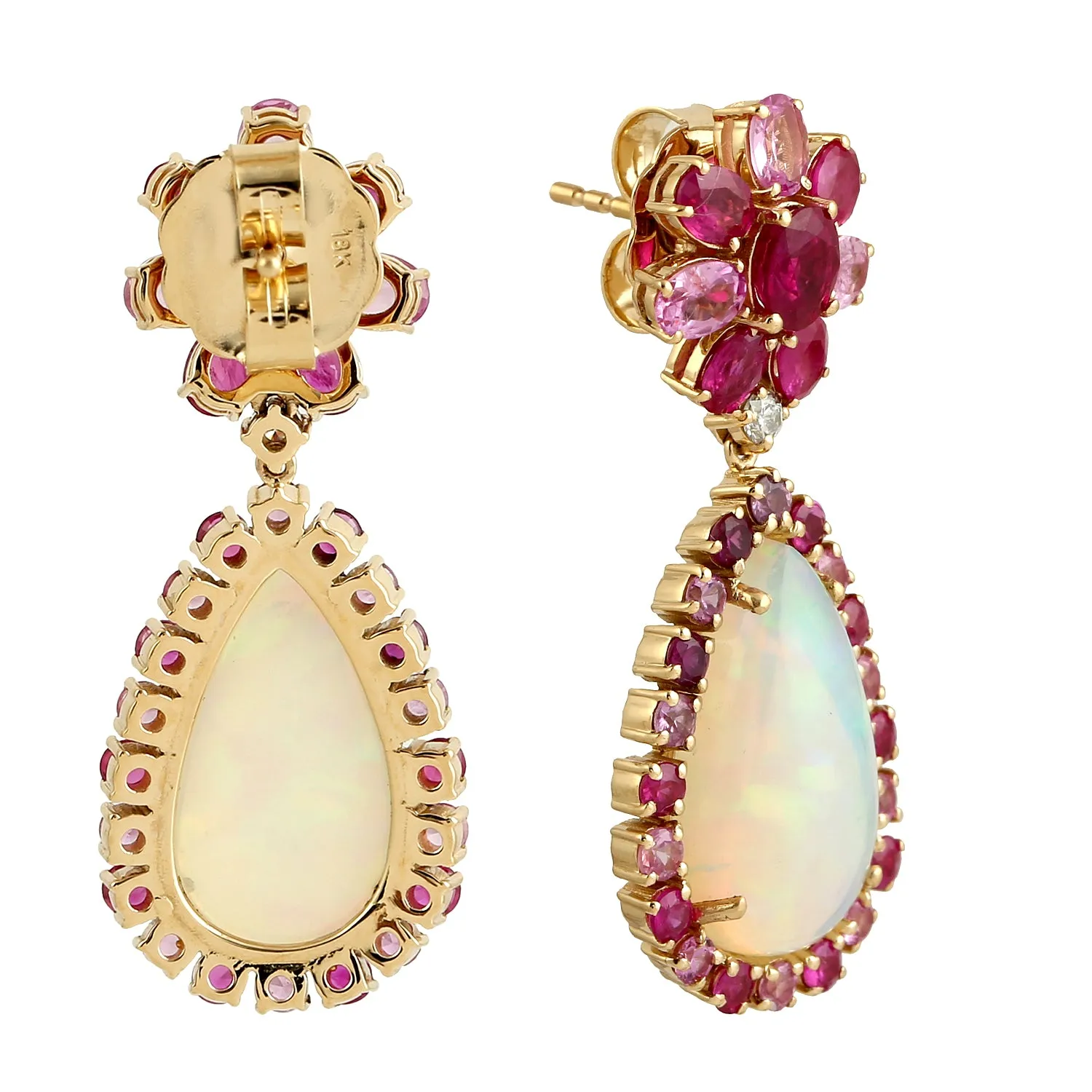 Pear Cut Opal Ethiopian Oval Ruby Pink Sapphire Round Diamond Danglers For Her In Yellow Gold
