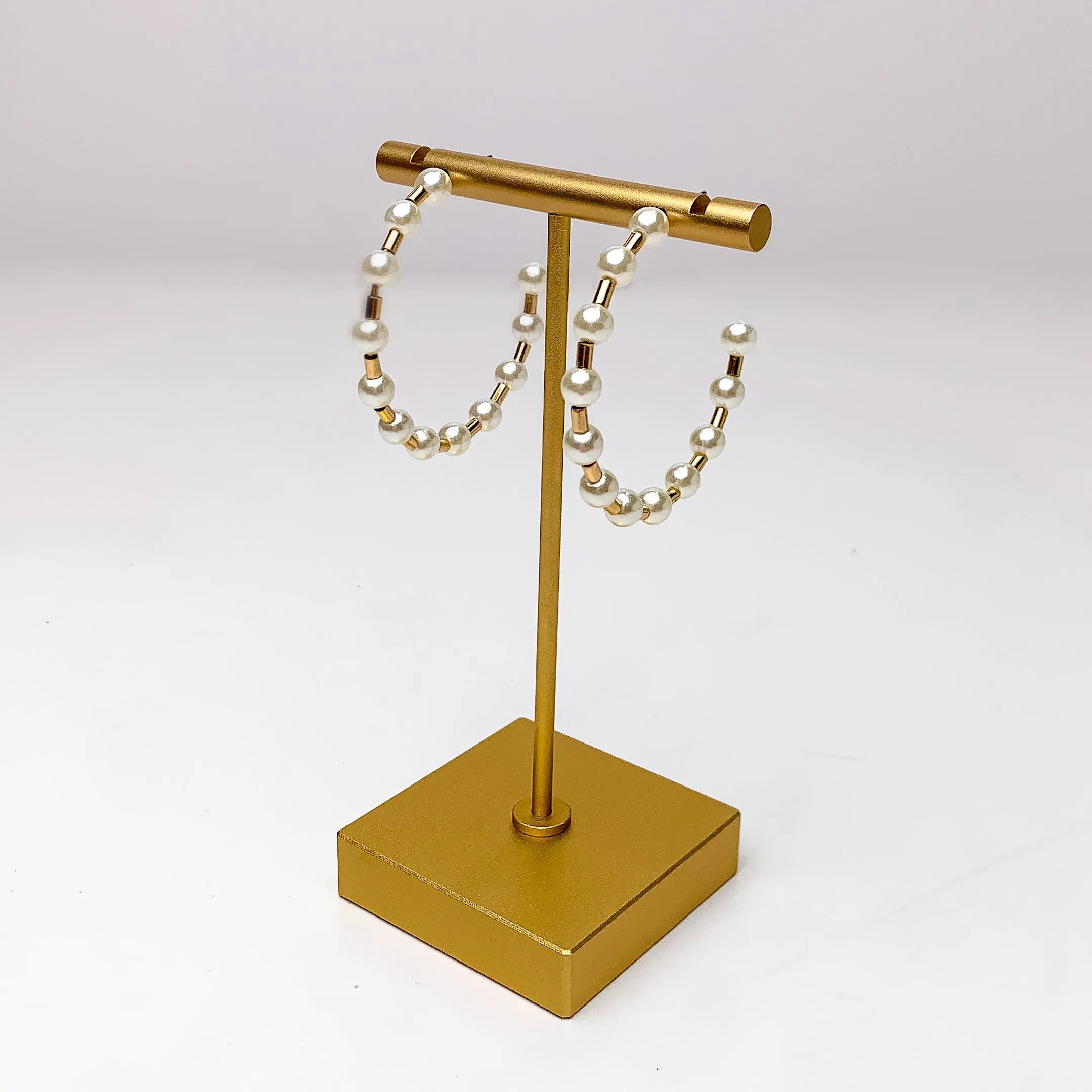 Pretty Pearl Medium Hoop Earrings in Gold Tone
