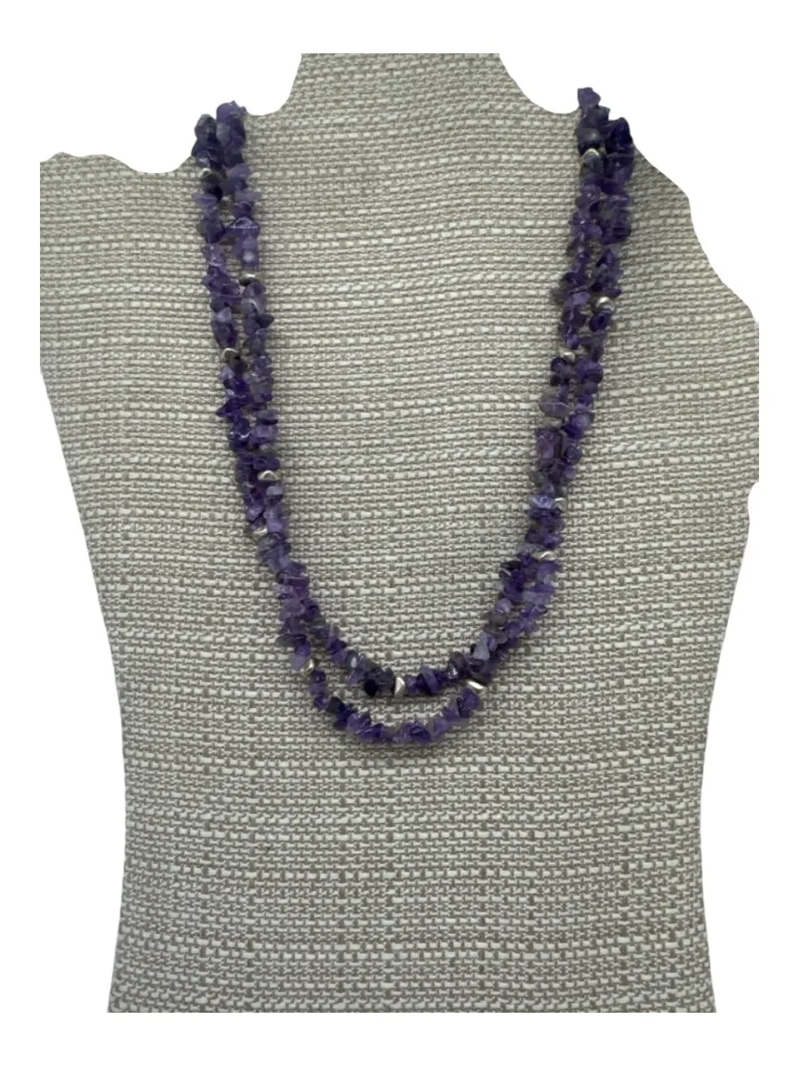 Purple & Silver Amethyst Rough-Cut Stones Lobster Clasp Stationed Beads Necklace