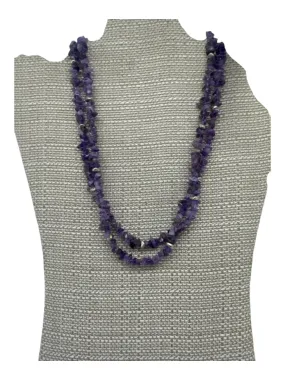 Purple & Silver Amethyst Rough-Cut Stones Lobster Clasp Stationed Beads Necklace
