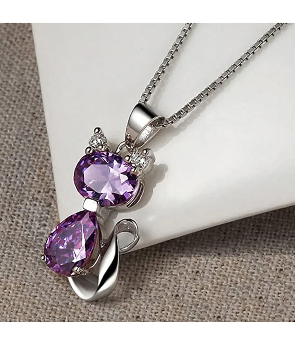 Purple Cat Necklace Cat Paw Print Pendant Jewelry Kitty Chain Birthday Gift Simulated Diamonds 18in.