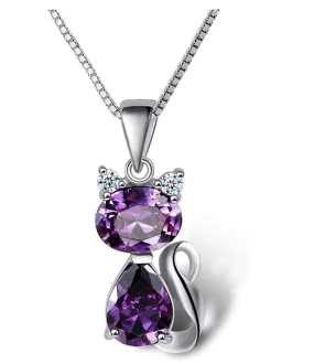 Purple Cat Necklace Cat Paw Print Pendant Jewelry Kitty Chain Birthday Gift Simulated Diamonds 18in.