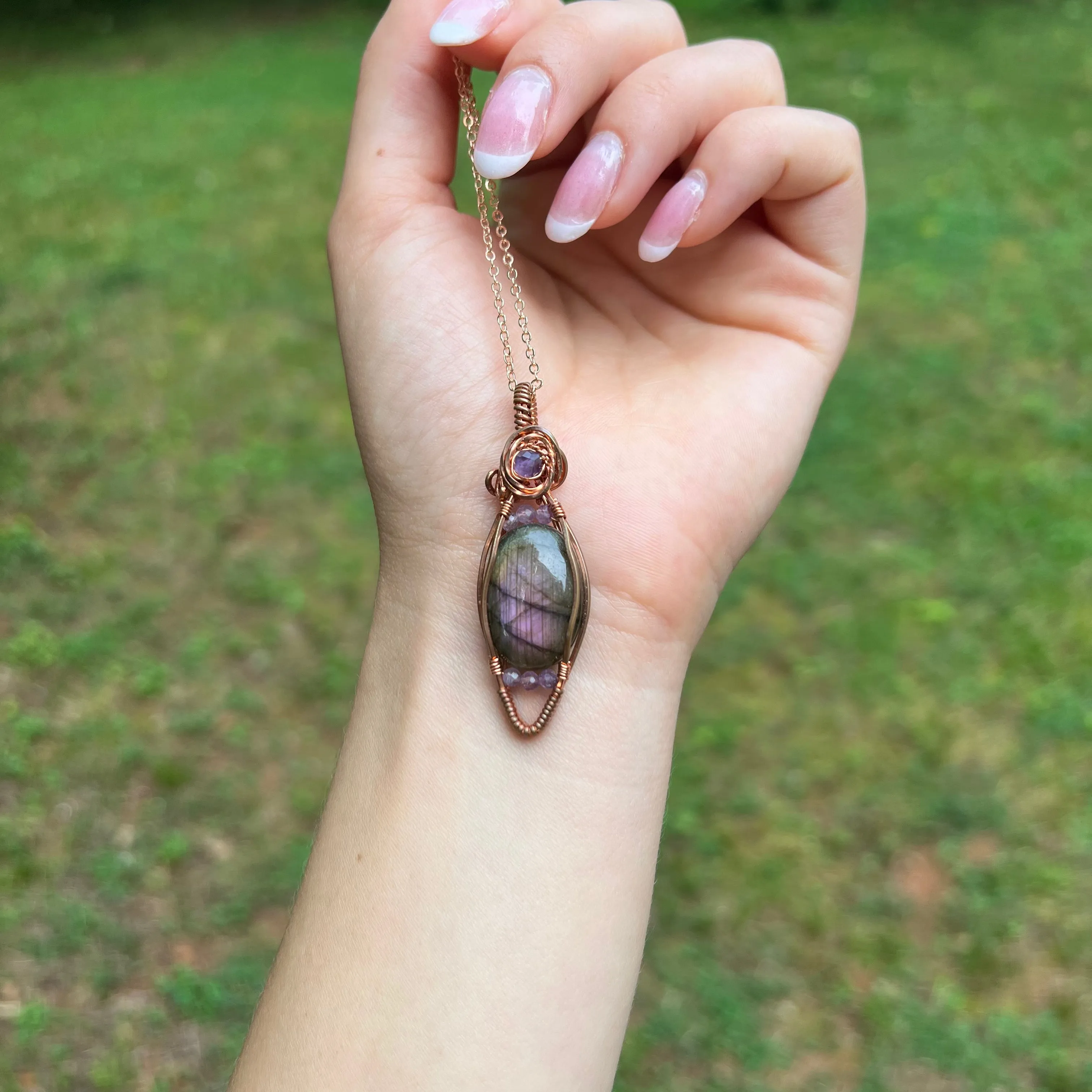 Purple Labradorite and Amethyst Wire-Wrapped Pendant - Ready to Ship