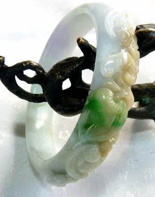 "Bat Cherishes Fruit and Flowers" Burmese Jadeite Vintage Bangle Bracelet 55 mm (BB2975)