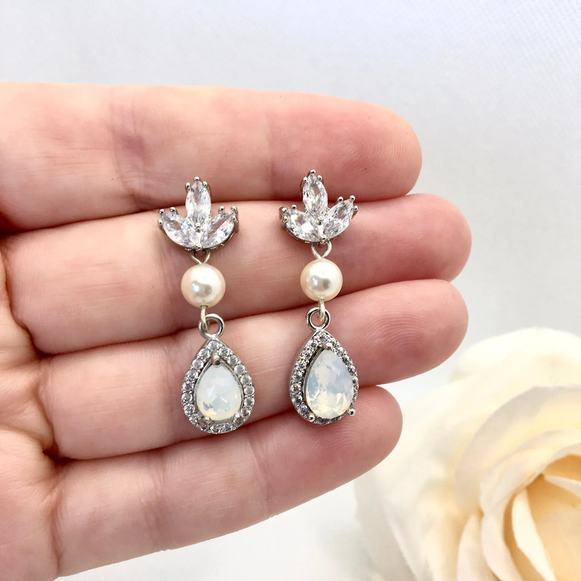 "Keani" - Pearl and Opal Bridal Earrings