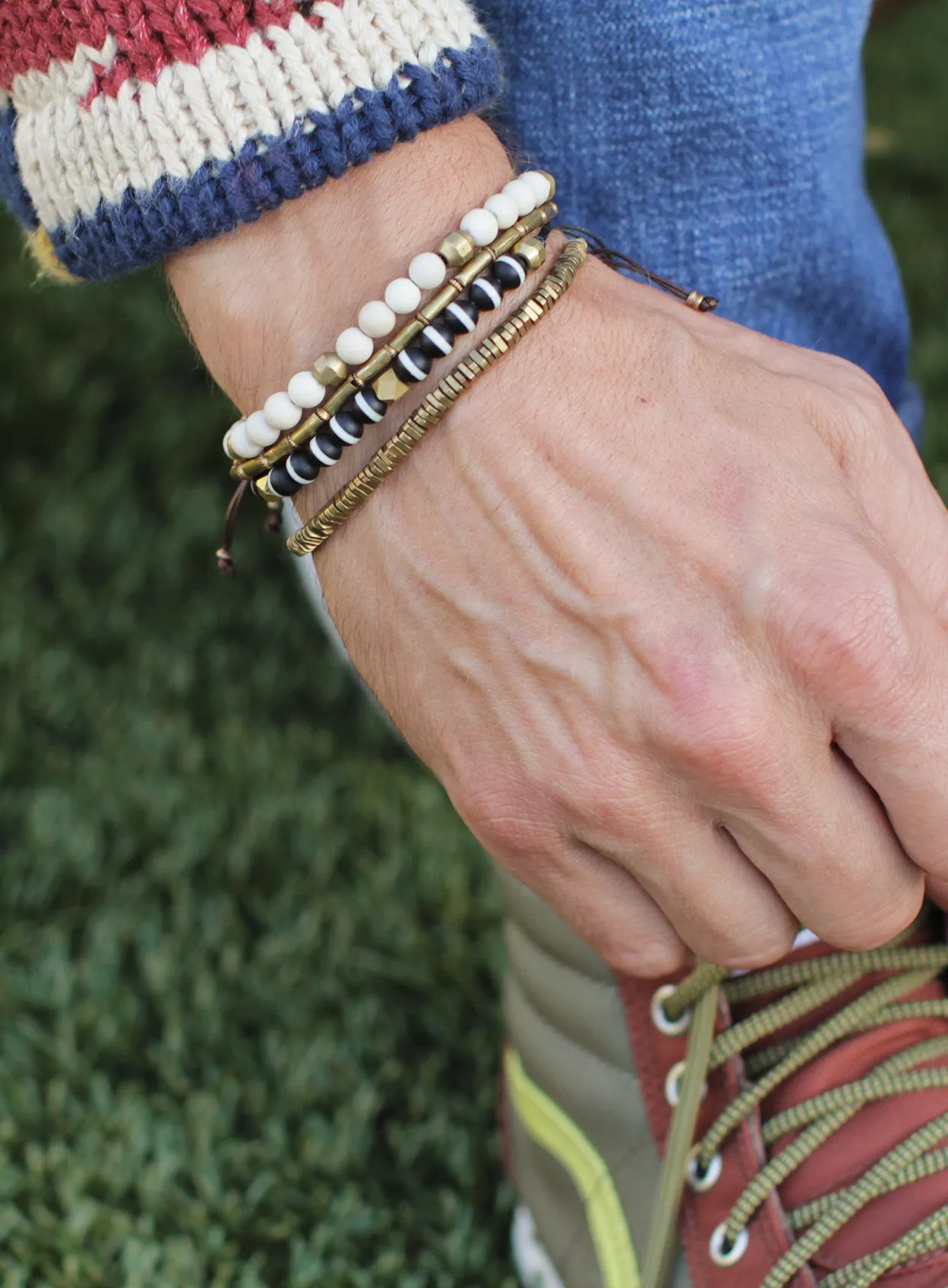 Raw Brass Triangles Beaded Men's Bracelet