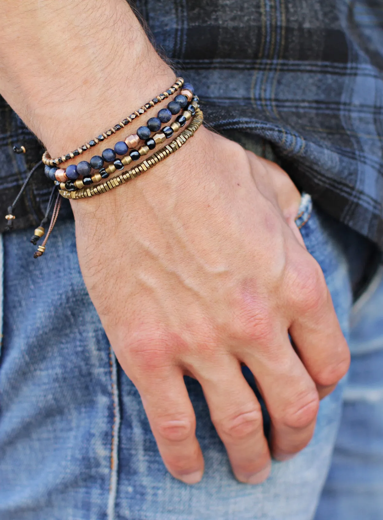 Raw Brass Triangles Beaded Men's Bracelet