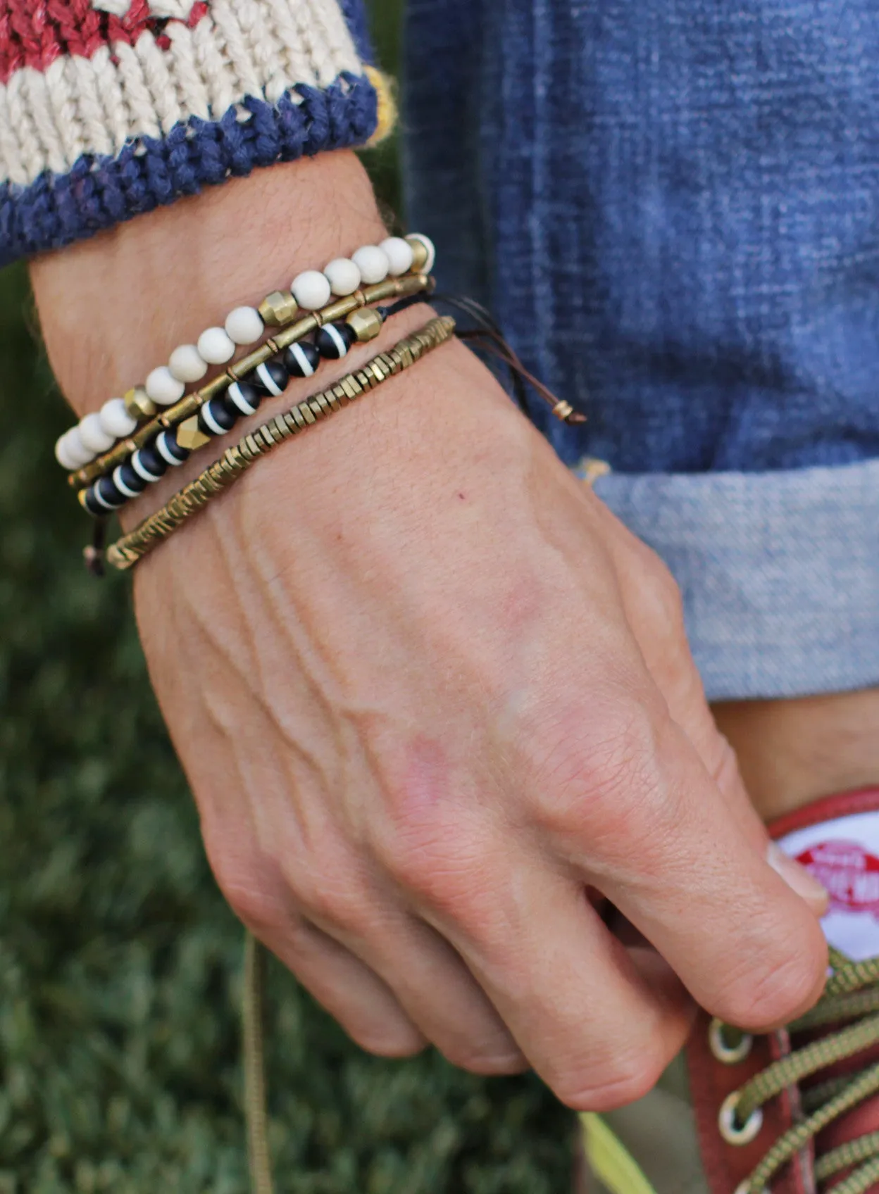 Raw Brass Triangles Beaded Men's Bracelet