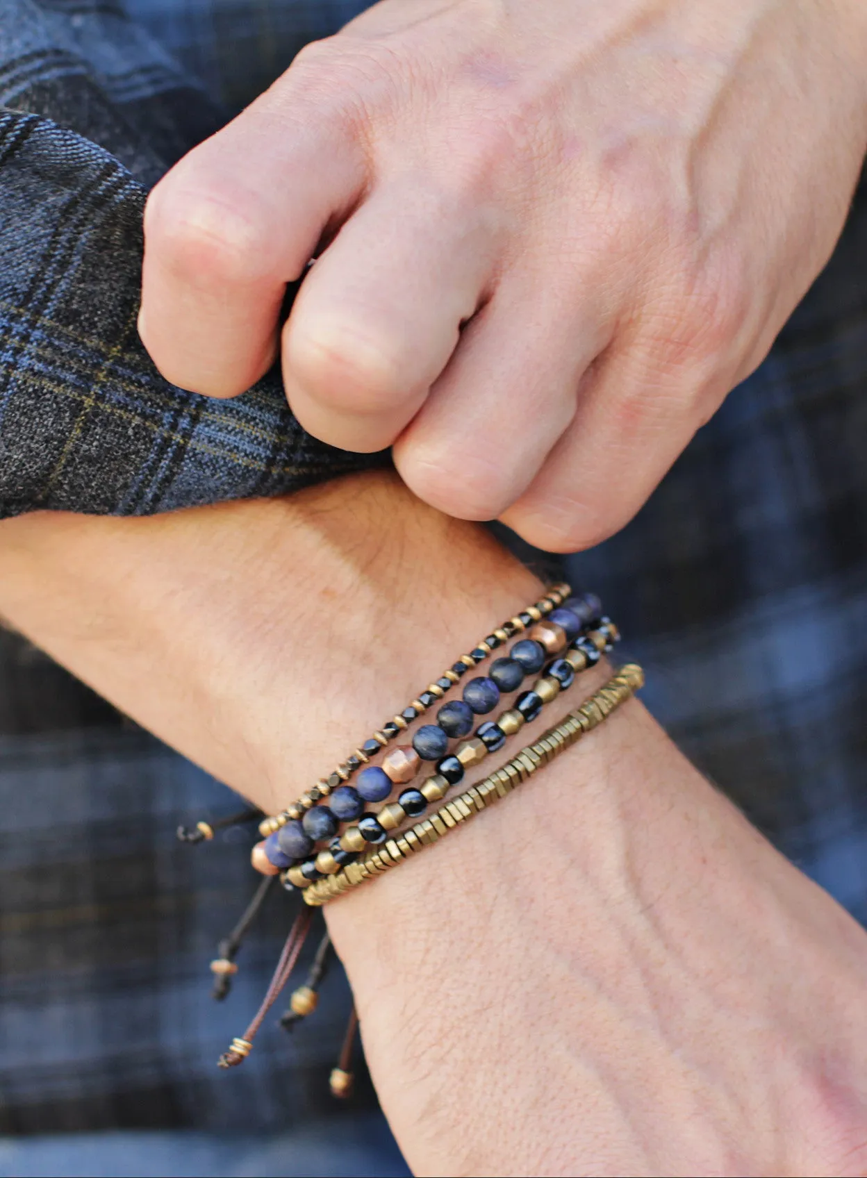 Raw Brass Triangles Beaded Men's Bracelet