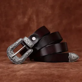 Retro Carved Buckle Western Style Narrow Leather Belt