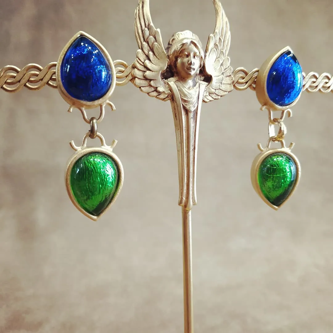 Rima Ariss Green Blue Foil Glass Clip On Drop earrings