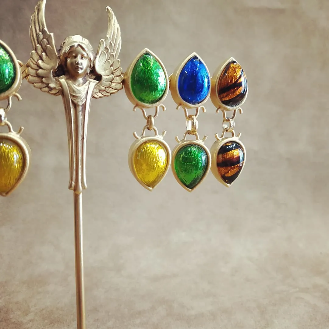 Rima Ariss Green Blue Foil Glass Clip On Drop earrings