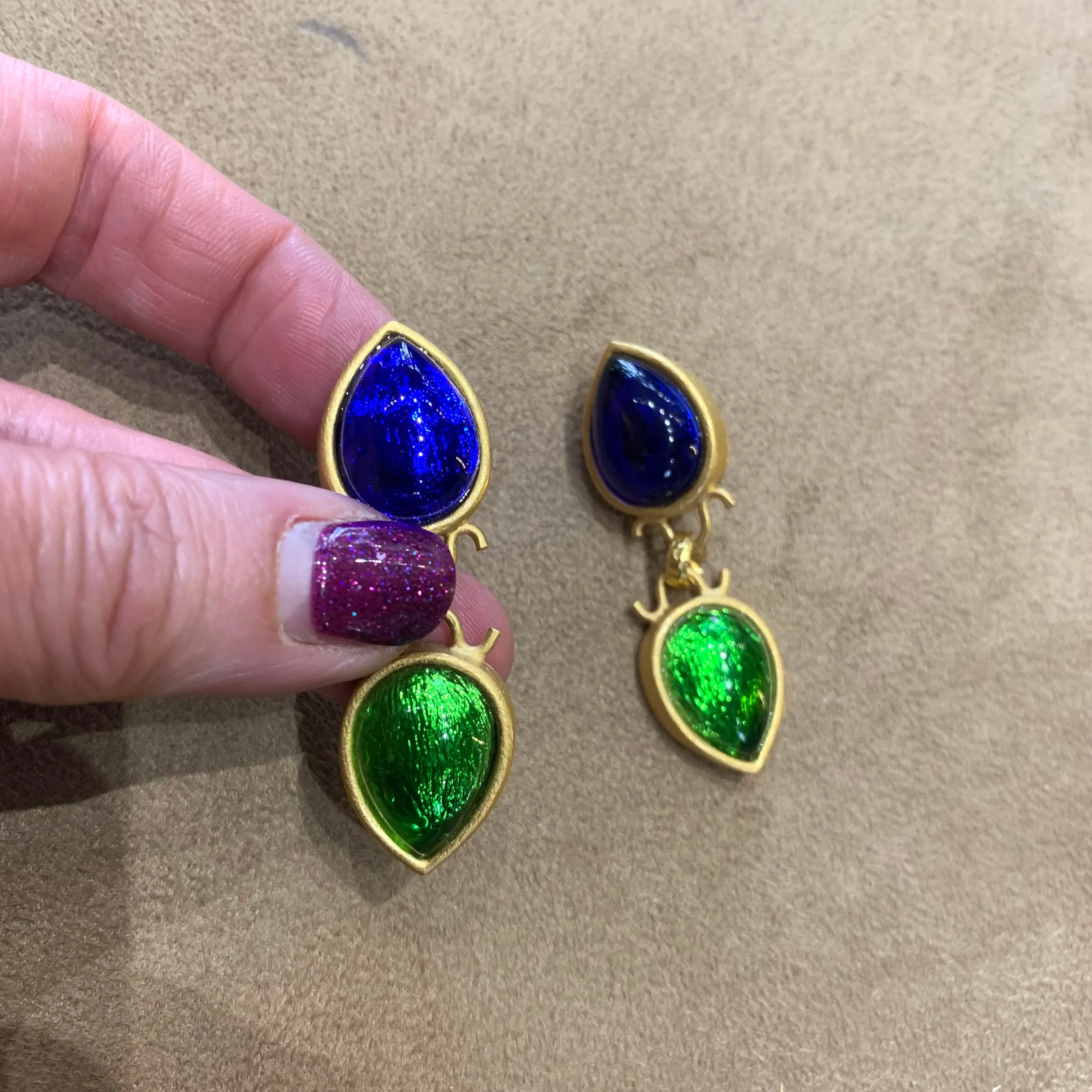 Rima Ariss Green Blue Foil Glass Clip On Drop earrings