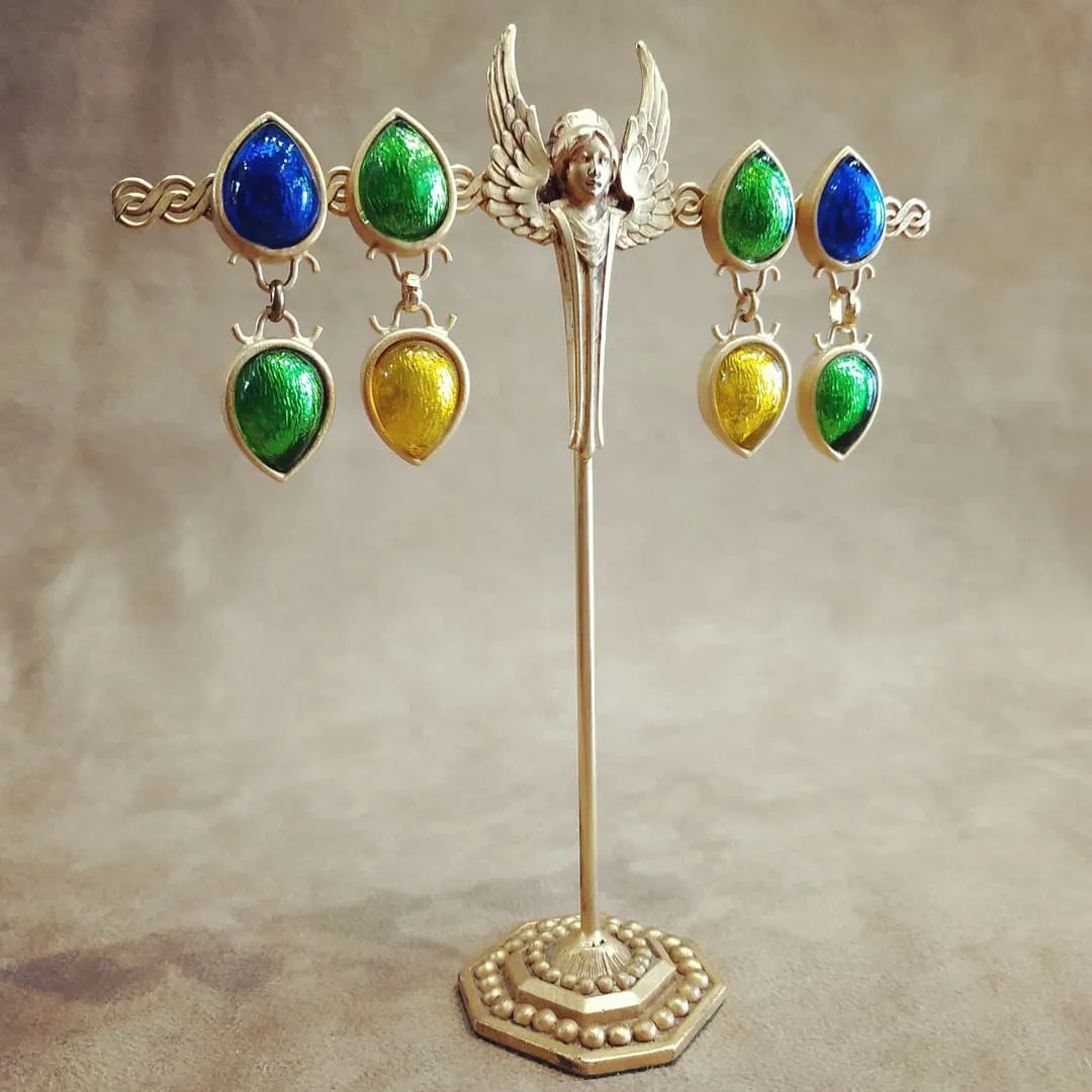 Rima Ariss Green Blue Foil Glass Clip On Drop earrings