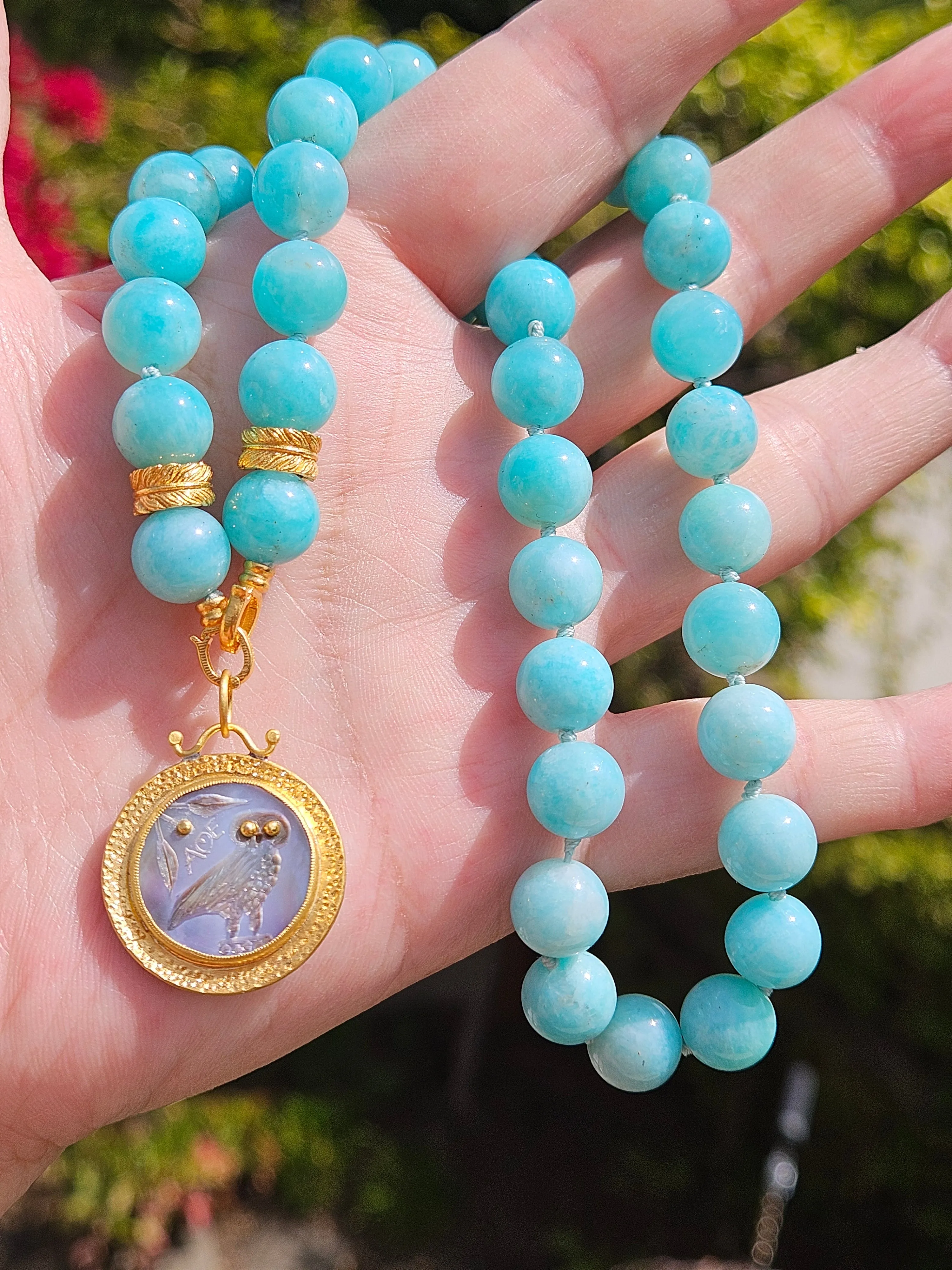 Robin Egg Blue Amazonite Genuine Gemstone 18K Yellow Gold Feather Bead Open Loop Necklace 18"