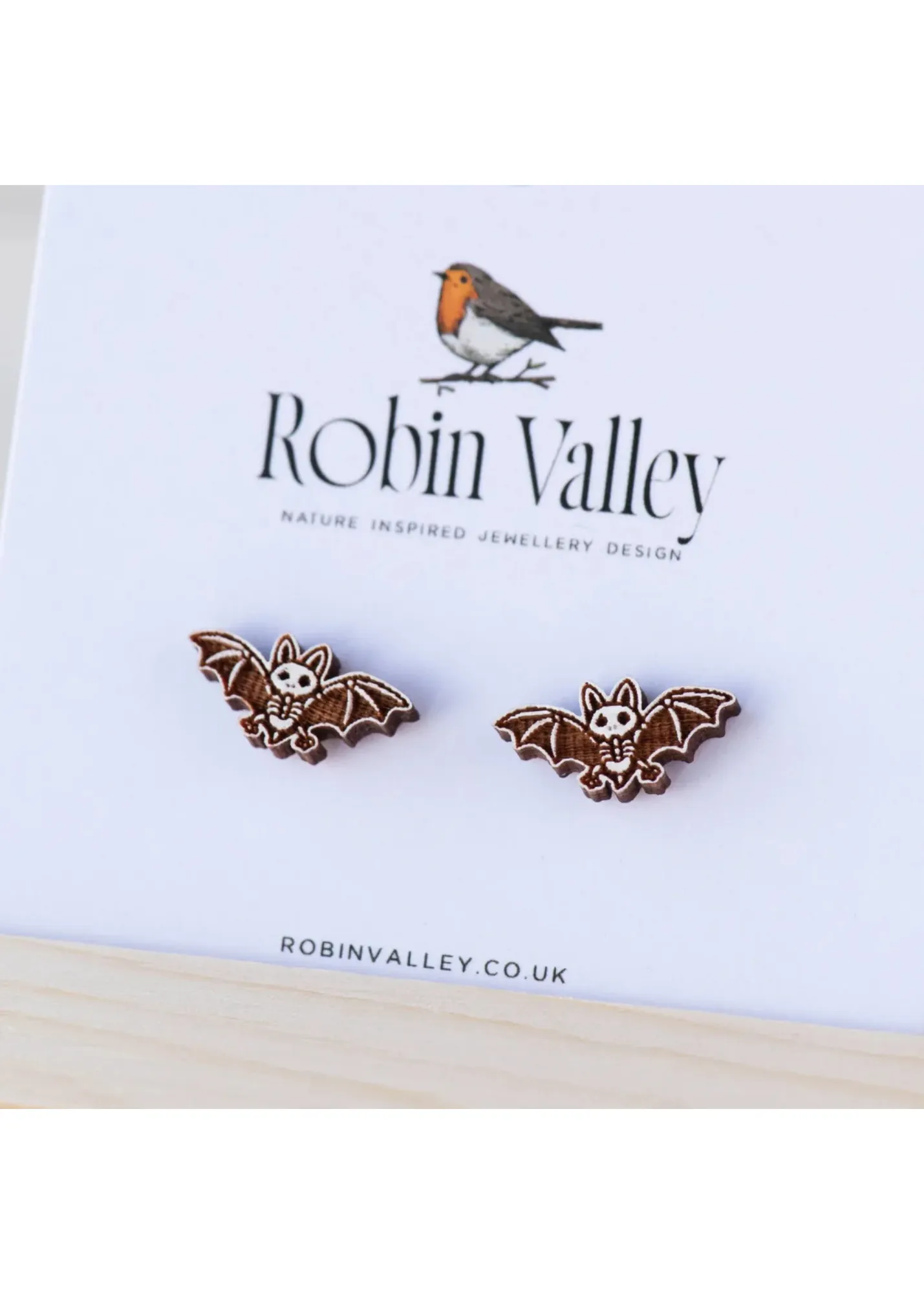 Robin Valley - Vampire Bat Skeleton Cherry Wood Stud Earrings