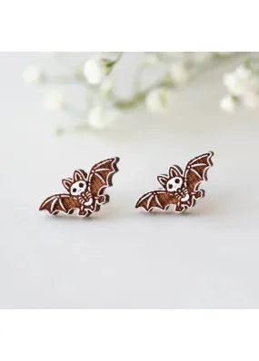 Robin Valley - Vampire Bat Skeleton Cherry Wood Stud Earrings