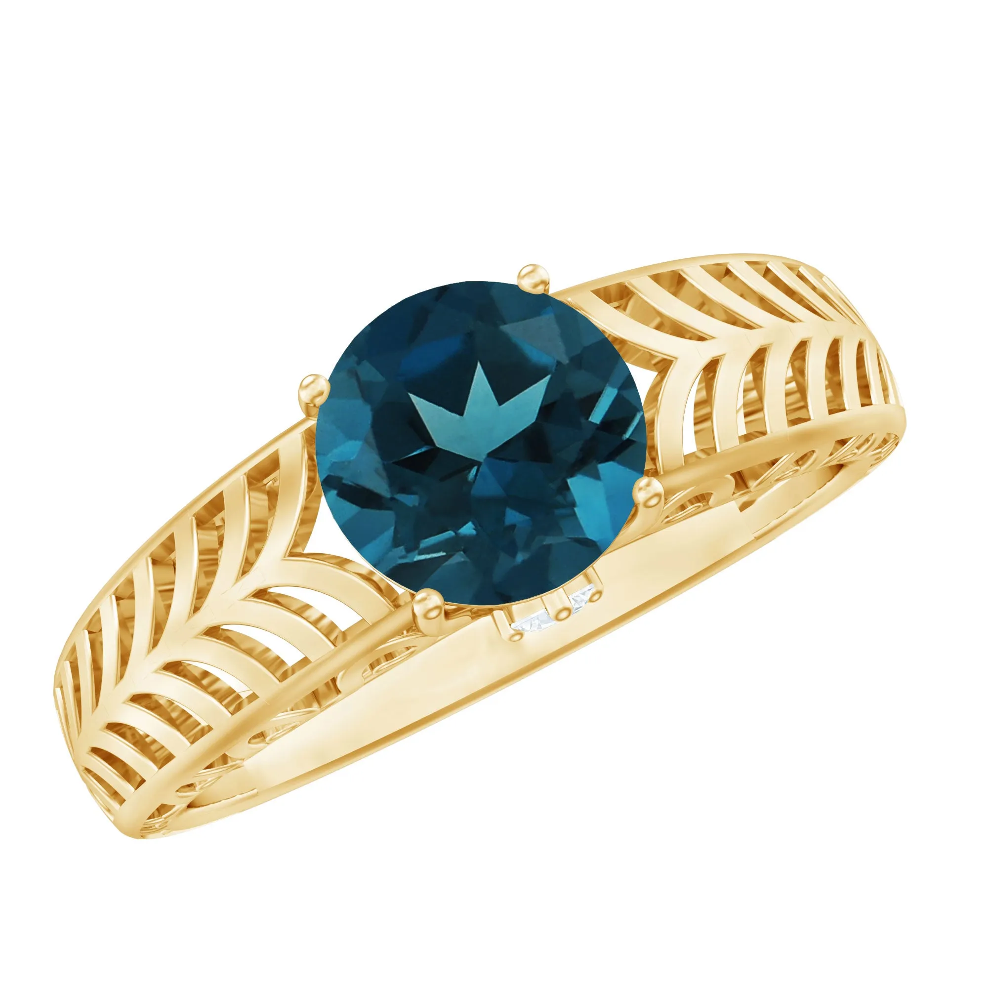 Round London Blue Topaz Solitaire Ring in Cut Out Work