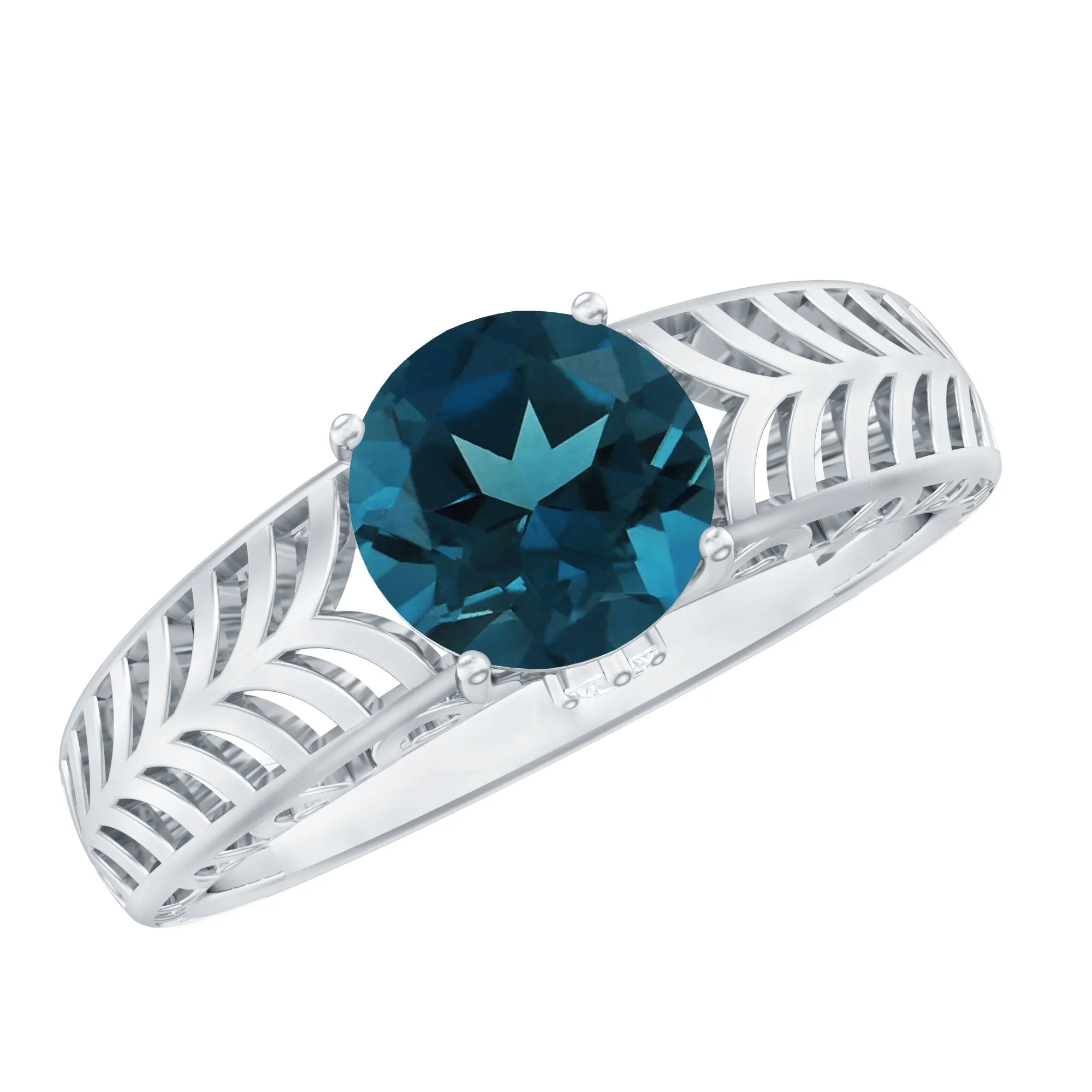 Round London Blue Topaz Solitaire Ring in Cut Out Work