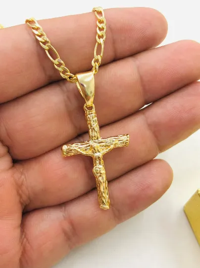 Rustic Cross Necklace for Mens Figaro Chain 36x23mm/Figaro Chain Necklace 24"/Mens Cross Necklace/Cadena y Dije de Cruz Oro para Hombre