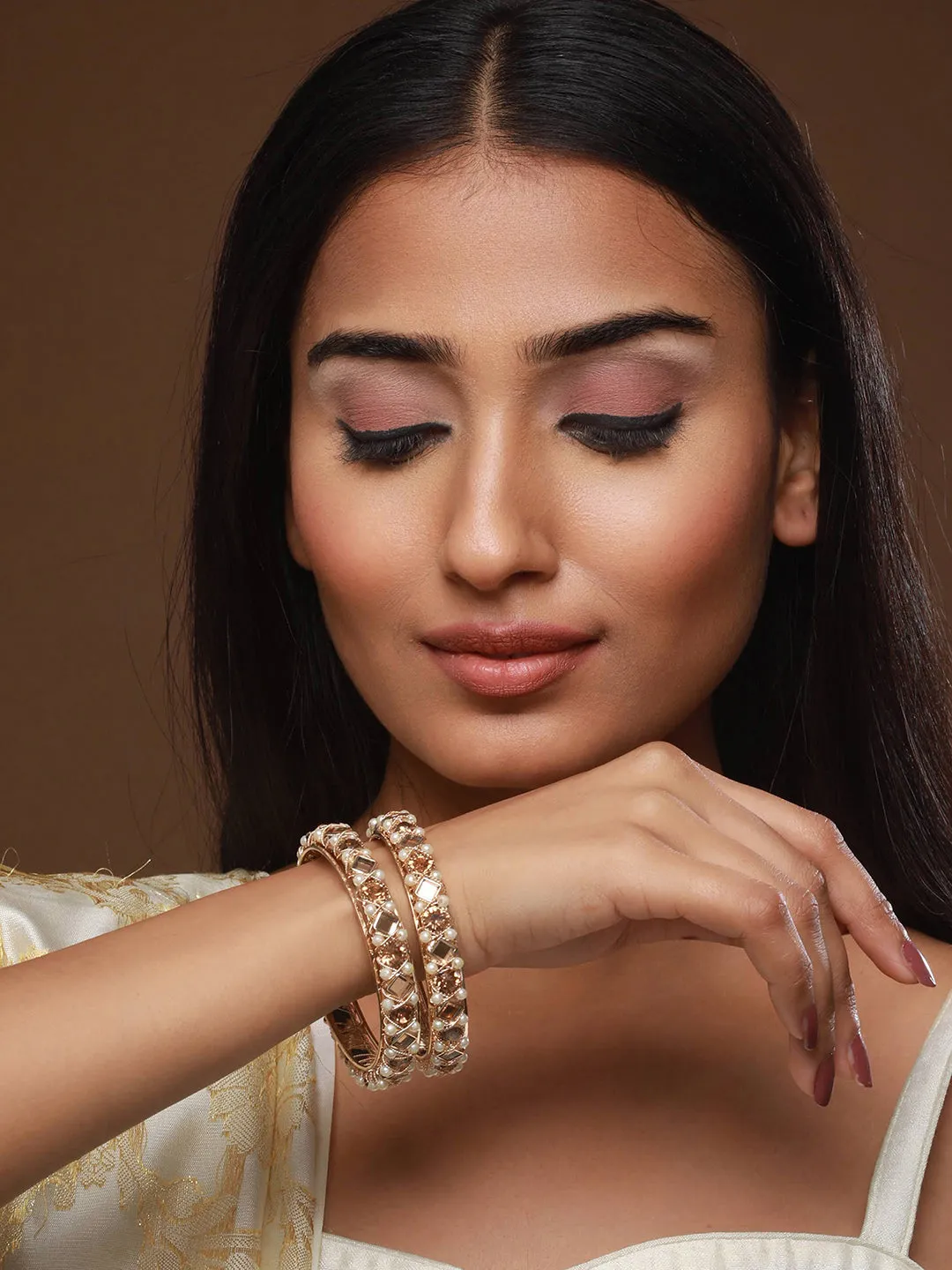 Set Of 2 Rose Gold-Plated Crystal Studded & Beaded Bangles
