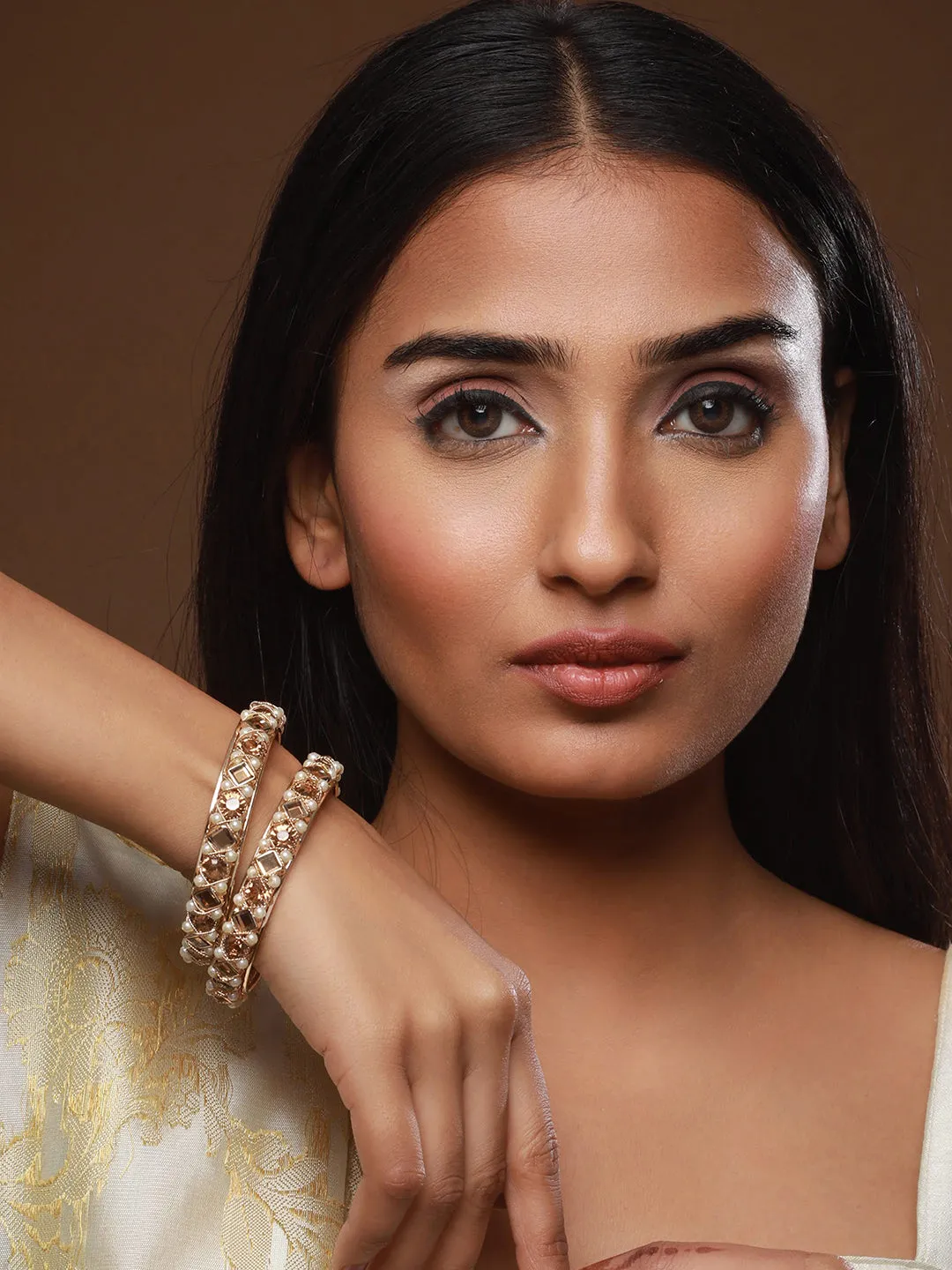 Set Of 2 Rose Gold-Plated Crystal Studded & Beaded Bangles