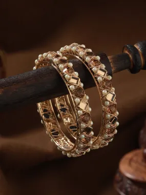 Set Of 2 Rose Gold-Plated Crystal Studded & Beaded Bangles