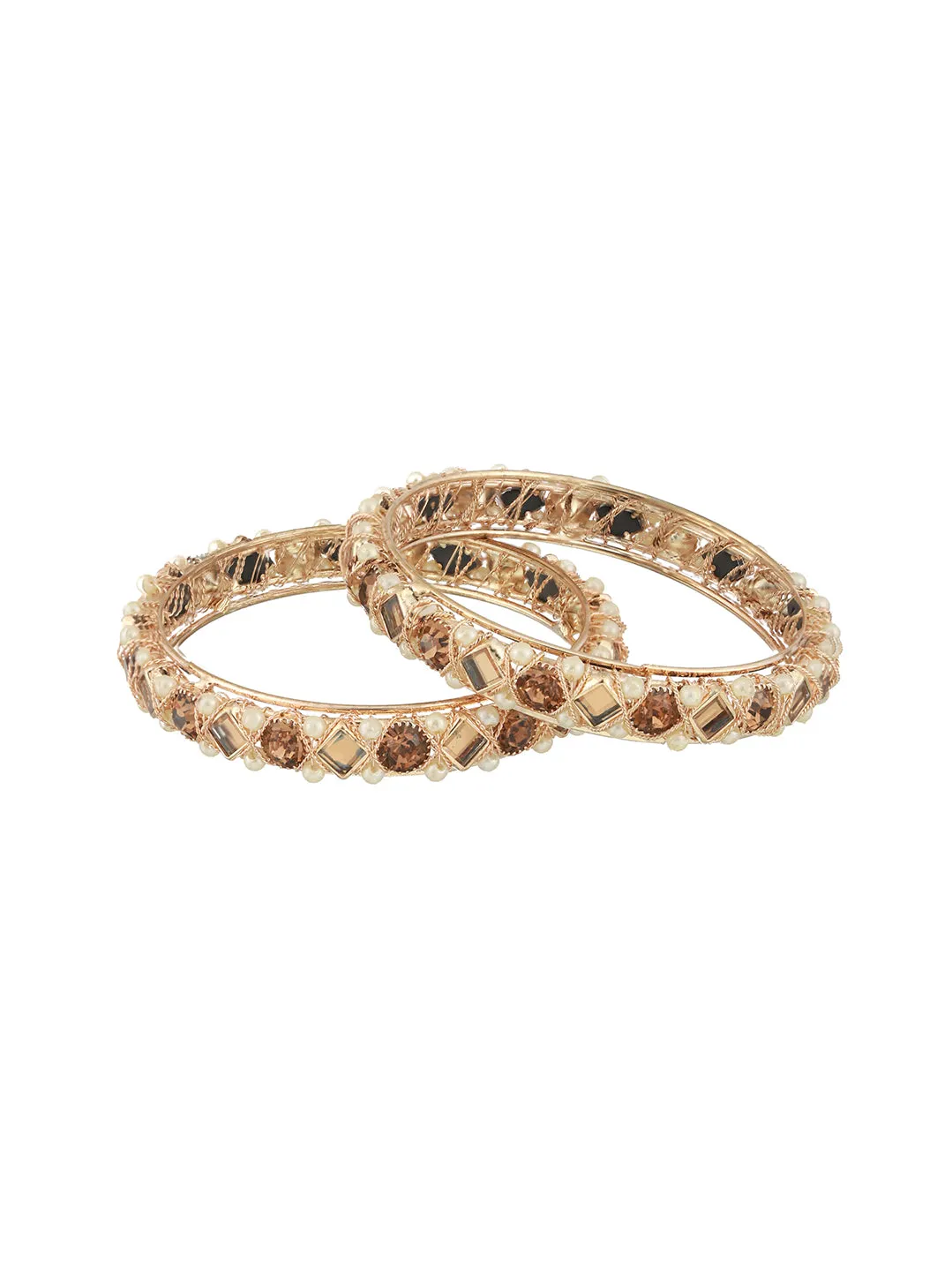 Set Of 2 Rose Gold-Plated Crystal Studded & Beaded Bangles
