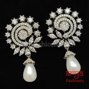 Silver CZ Earrings with Pearl Drops/ Designer CZ Indian Earrings